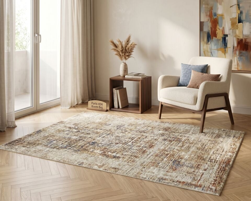 Decoser Paris 456 Krem Bej Halı | Modern Çizgili Eskitme Şıklık