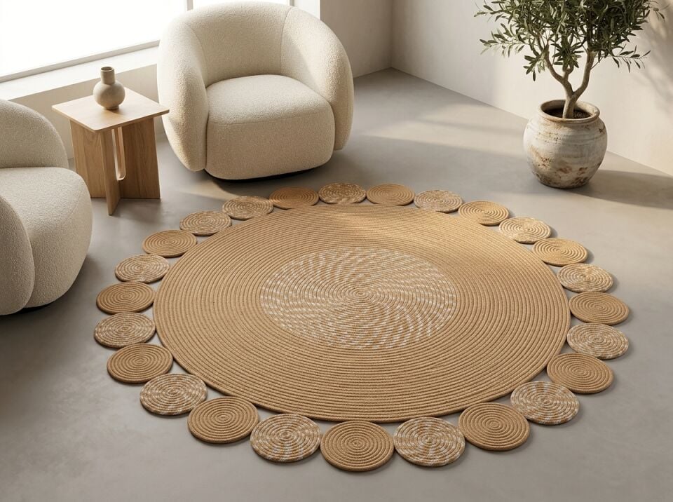 Doğal Spiral Örgü Dairesel Motifli Yuvarlak Halı | Muse Carpet
