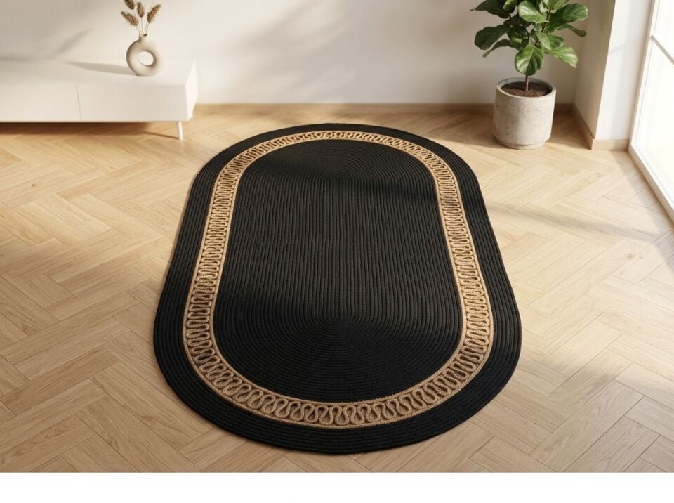 Siyah Hasır Bordürlü Oval Halı & Antre Yolluğu | Muse Carpet