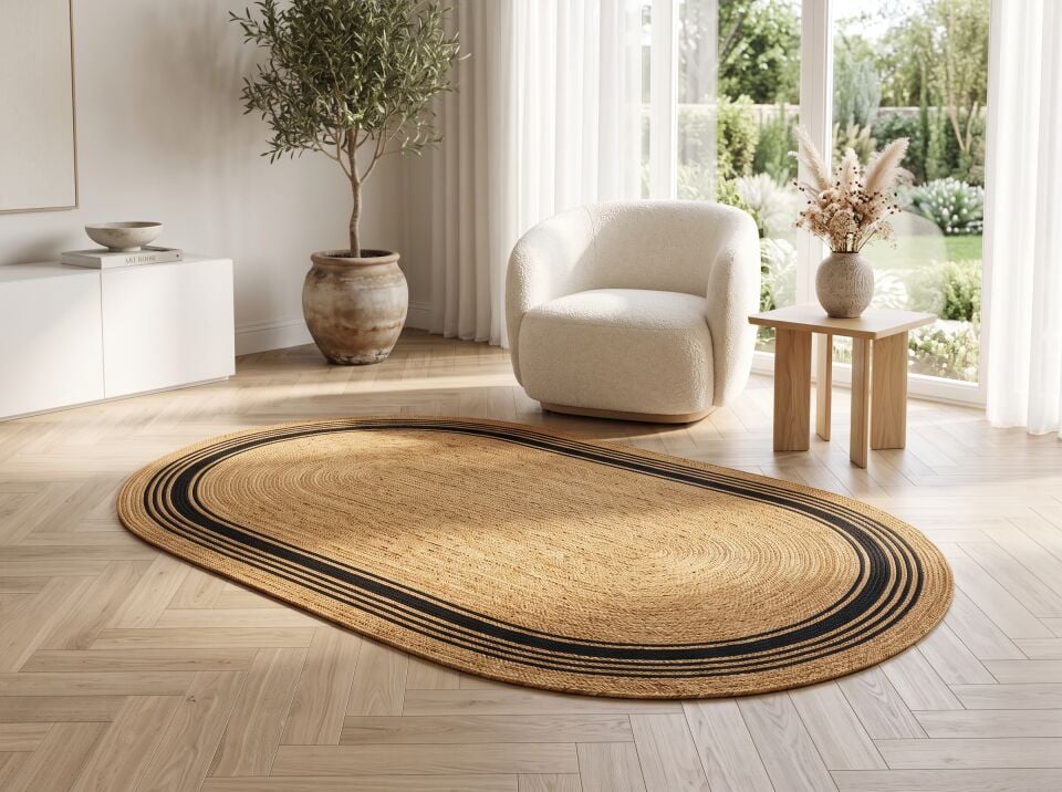 Doğal Hasır Çizgili Oval Halı | Muse Carpet