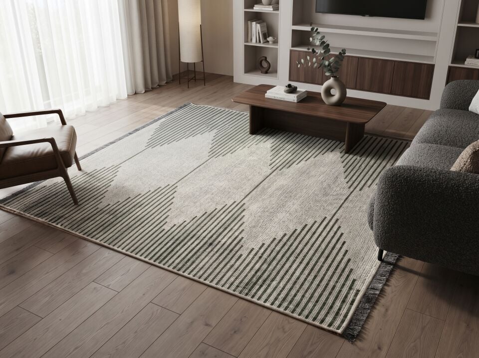 Muse Carpet Krem & Yeşil Geometrik Çizgili Düz Dokuma Halı