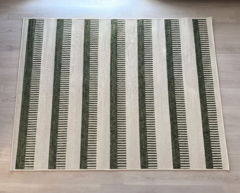 Muse Carpet Krem & Yeşil Dikey Çizgili Düz Dokuma Halı