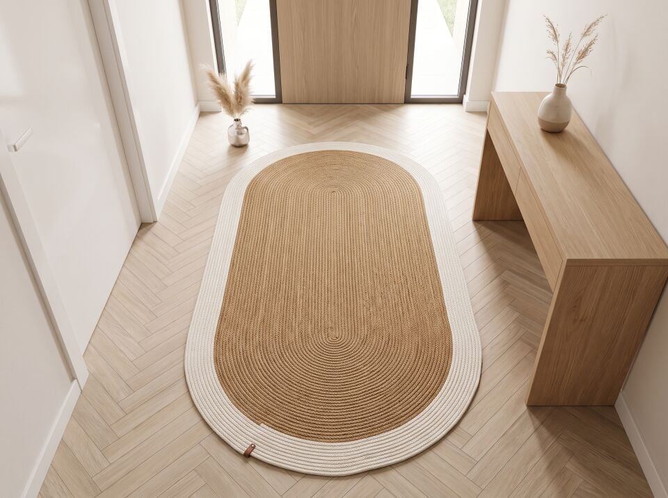 Doğal Taba & Ekru Bordürlü Oval Halı - Modern Antre Yolluğu | Muse Carpet