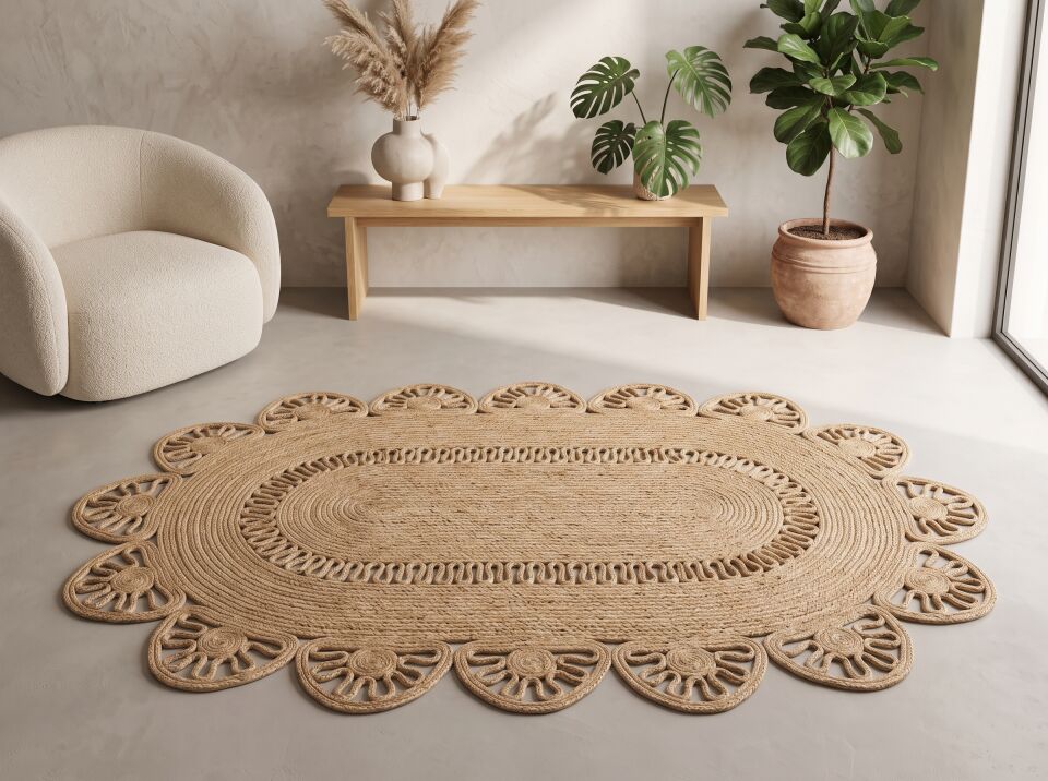 Doğal El Örgüsü Oval Jüt Halı - Bohem Motifli Hasır Halı | Muse Carpet
